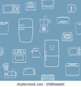 Kitchen appliance set seamless background. Refrigerator, dishwasher, oven, kettle, multicooker, blender mixer microwave toster Vector illustratoin