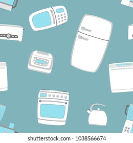 Kitchen appliance set seamless background. Refrigerator, dishwasher, oven, kettle, multicooker, blender mixer microwave toster Vector illustratoin