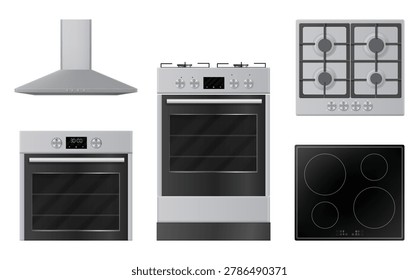 Kitchen appliance set. Vector realistic hood, oven and gas stove top. Food preparation equipments. Interior visualization, architectural design presentation of functional household environments