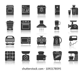 Kitchen Appliance silhouette icons set. Monochrome web sign kit of equipment. Electronics pictogram collection includes steamer, chopper, gas. Simple vector black symbol. Kitchen shape icon reflection