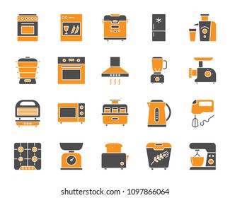 Kitchen Appliance silhouette icons set. Isolated on white web sign kit of equipment. Electronics pictogram collection includes shaker, scales, mixer. Simple kitchen symbol. Vector Icon shape for stamp