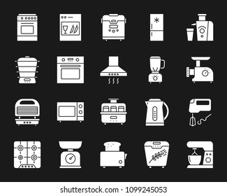 Kitchen Appliance silhouette icons set. Isolated web sign kit of equipment. Electronics monochrome pictogram collection includes microwave, gas, cooker. Simple white symbol. Kitchen vector Icon shape