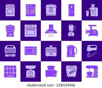 Kitchen Appliance silhouette icons set. Web sign kit of equipment. Electronics ultraviolet pictogram collection includes fridge, toaster, processor. Simple kitchen symbol. Vector Icon shape for stamp