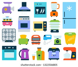 Kitchen Appliance simple flat cartoon style set. Equipment sign collection includes blender, juicer, gas stove. Electronics colorful icon kit. Color symbol isolated on white. Vector Illustration