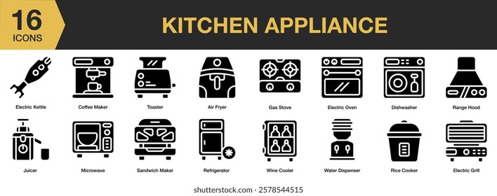 Kitchen Appliance solid icon set. Includes kitchen, equipment, electric, appliance, kitchenware, machine, and More. Solid icons vector collection.