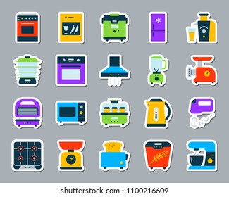 Kitchen Appliance sticker icons set. Web flat sign kit of equipment. Electronics pictogram collection includes gas, toaster, oven. Simple kitchen symbol. Colorful icon for patch. Vector Illustration