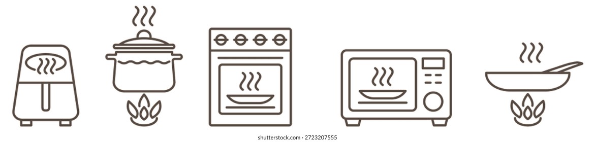 Símbolos do aparelho de cozinha ícone linear mostrando tipos de cozimento. Inclui forno, frigideira, fritadeira, panela, fritadeira e micro-ondas. Ícones editáveis do vetor de traçado isolados no plano de fundo branco.