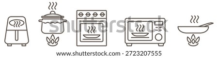 Kitchen appliance symbols linear icon set showing types of cooking. Includes oven, frying pan, air fryer, pot, deep fryer and microwave. Editable stroke vector icons isolated on white background.