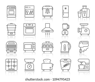 Kitchen Appliance thin line icons set. Outline web sign kit of equipment. Electronics linear icon collection includes shaker, scales, mixer. Simple kitchen symbol with reflection vector Illustration