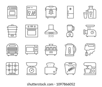 Kitchen Appliance thin line icons set. Outline web sign kit of equipment. Electronics linear icon collection includes blender, juicer, gas. Isolated simple kitchen black symbol vector Illustration