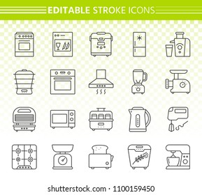 Kitchen Appliance thin line icons set. Outline web sign kit of equipment. Electronics linear icon collection includes microwave, gas, cooker. Editable stroke without fill. Kitchen simple vector symbol