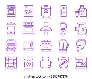 Kitchen Appliance thin line icons set. Outline vector ultraviolet web sign kit of equipment. Electronics linear icon collection includes steamer, chopper, gas. Simple kitchen symbol with reflection