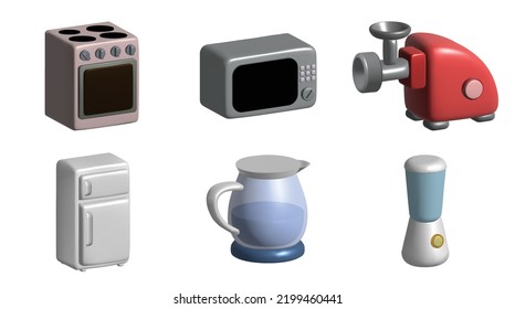 Kitchen appliances 3d icon set with microwave, fridge, blender, meat grinder, gas stove 3d illustration.