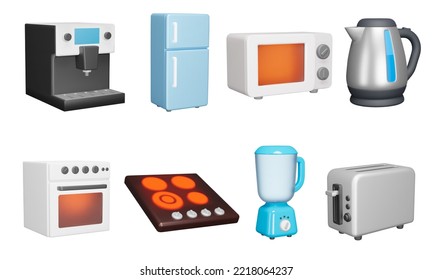 Kitchen appliances 3d icon set  Cooking  Food preparation  Domestic electronics  Fridge  microwave  kettle  oven  hob  blender  toaster  Isolated icons  objects transparent background