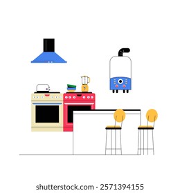 Kitchen With Appliances And Barstools In Flat Vector Illustration Symbolizing Modern Home Design And Functionality, Isolated On White Background