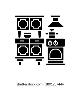 Kitchen appliances black glyph icon. Dining room furniture. Cooking foods. White goods. Buffets and sideboards. Kitchen stoves. Silhouette symbol on white space. Vector isolated illustration