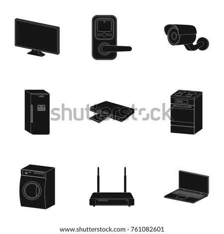 Kitchen appliances black icons in set collection for design.Home appliances and equipment vector symbol stock web illustration.