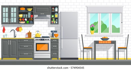 Kitchen appliances with black interior on white brick wall background. flat home art vector illustration. indoor kitchen appliances furniture, banner kitchen cartoon style. culinary decorations room. 
