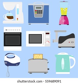 Kitchen appliances, coffee maker, multivarka, blender, gas stove, microwave oven, meat grinder, kitchen mixer, toaster, kettle. Flat design, vector illustration, vector.