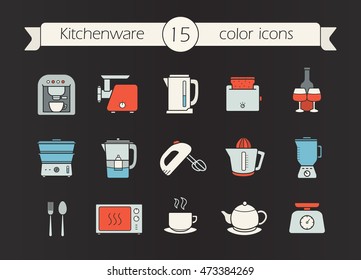 Kitchen appliances color icons set. Coffee machine, mincer, kettle, toaster, steam cooker, mixer, water filter, juicer, blender, teapot, scales, microwave oven. Isolated vector illustrations