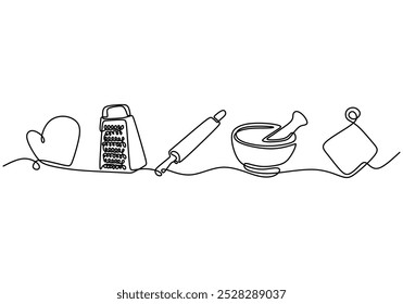 Kitchen appliances continuous line drawing. Food and kitchenware concept. Vector illustration minimalist isolated on white background.
