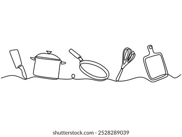 Aparelhos de cozinha desenho em linha contínua. Conceito de comida e cozinha. Ilustração de vetor minimalista isolada no fundo branco.