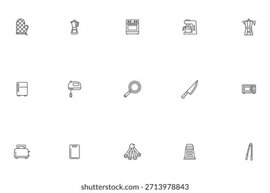 Aparelhos de cozinha e ferramentas de cozinha conjunto de ícones de linha. Ilustração vetorial de equipamento doméstico, fogão, geladeira, misturador, faca e utensílios