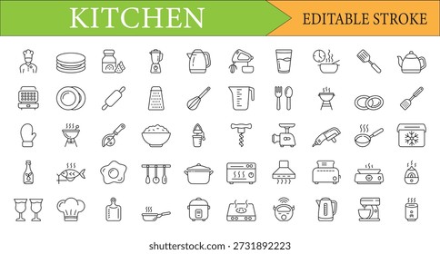 Conjunto de ícones de linha de utensílios de cozinha e ferramentas de cozinha com traço editável
