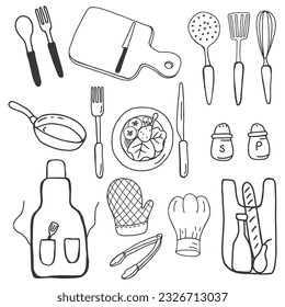Kitchen appliances. Cookware. Cooking dinner. Doodle set. Vector isolated illustration.