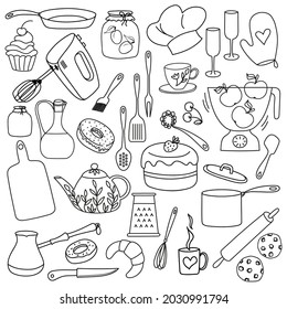 Kitchen appliances, dishes and food. Monochrome set in Doodle style. Kitchen, vector icons and sketches. Cooking Clip Art.