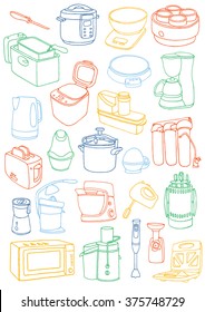 Kitchen appliances doodle set. Cartoon hand-drawn household appliances for cooking