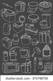 Kitchen appliances doodle set. Cartoon hand-drawn household appliances for cooking