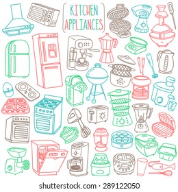 Kitchen appliances doodle set. Various cooking equipment and facilities - major and small appliances, consumer electronics, kitchenware. Freehand vector sketches isolated over white background.