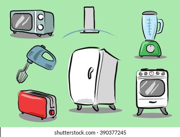 Kitchen Appliances Drawing Icon Set Microwave Oven, Mixer, Blender, Fridge, Cooker