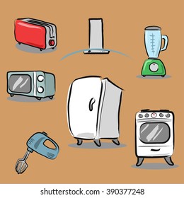 Kitchen Appliances Drawing Icon Set Microwave oven, Mixer, Blender, Fridge, Cooker