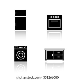 Kitchen appliances drop shadow icons set. Fridge and oven black cast shadow silhouette illustrations isolated on white. Washing machine and cooking table. Household items. Vector infographics elements