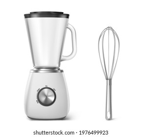 Kitchen appliances electric blender and whisk. Household equipment for cooking food, mixer with cup and turner front view, home tech and tool isolated on white background, realistic 3d vector mockup