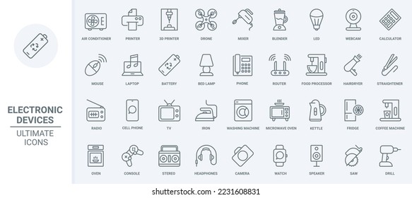 Kitchen appliances and electric household equipment thin line icons set vector illustration. Outline microwave and oven, mixer and home coffee machine for cooking food, hairdryer and air conditioner