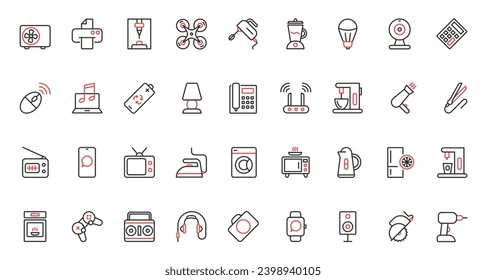 Kitchen appliances and electric household equipment trendy red black thin line icons set vector illustration. Microwave oven, mixer home coffee machine cooking food, hairdryer air conditioner