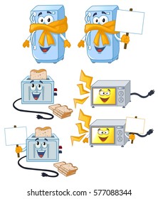 kitchen appliances, electric appliances: refrigerator, toaster, microwave set. cartoon vector illustration