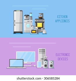Kitchen appliances and electronic devices horizontal banners. Flat style vector illustration.