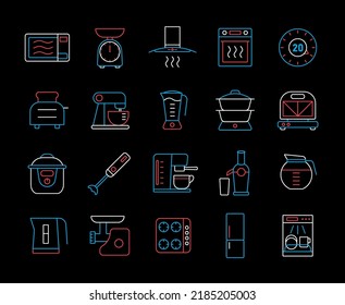 Kitchen appliances electronic electrical equipment tool vector isolated on the black icon set. Graph symbol for cooking web site and apps design, logo, app, UI