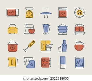 Kitchen appliances electronic electrical equipment tool vector isolated icon set. Graph symbol for cooking web site and apps design, logo, app, UI