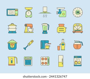 Kitchen appliances electronic electrical equipment tool vector icon set. Graph symbol for cooking web site and apps design, logo, app, UI