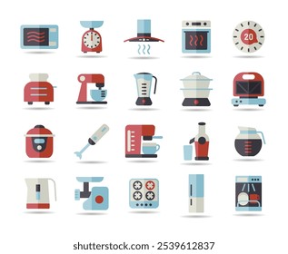 Kitchen appliances electronic electrical equipment tool vector isolated icon set. Graph symbol for cooking web site and apps design, logo, app, UI