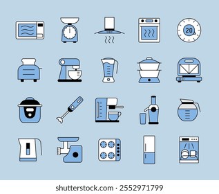 Kitchen appliances electronic electrical equipment tool vector isolated icon set. Graph symbol for cooking web site and apps design, logo, app, UI