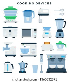 Kitchen appliances and electronics, colorful flat design icons set. Steamer, toaster, mixer, blender, kitchen scale, slow cooker, microwave, meat grinder, kettle, water filter, coffee machine. Vector.