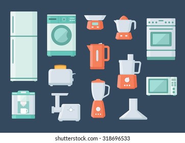 Kitchen appliances and electronics colorful flat design icons set with coffee machine freezer stove toaster blender microwave juicer