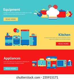 Kitchen appliances and equipment flat banner set with coffee machine mixer fridge isolated vector illustration