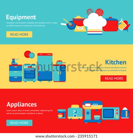 Kitchen appliances and equipment flat banner set with coffee machine mixer fridge isolated vector illustration